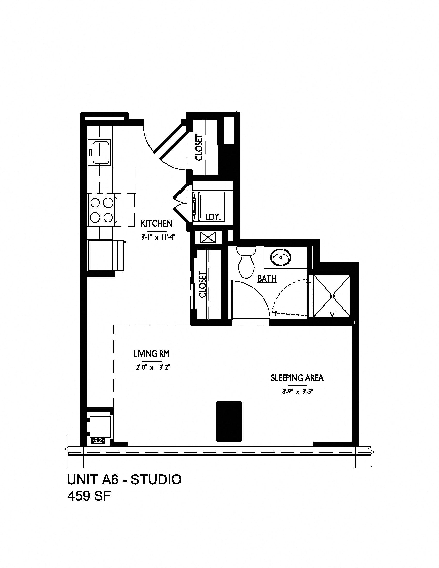 Floor plan for studio, 1 bath, 459 sqft